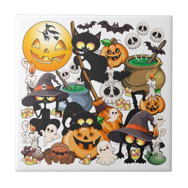 Halloween Cats Funny Party Ceramic Tile (Front)