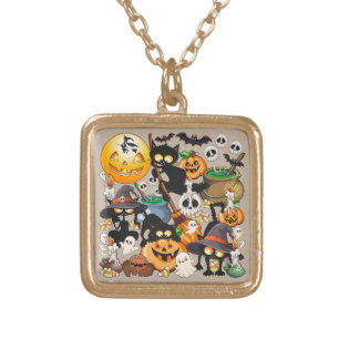 Halloween Cats Funny Party Gold Plated Necklace