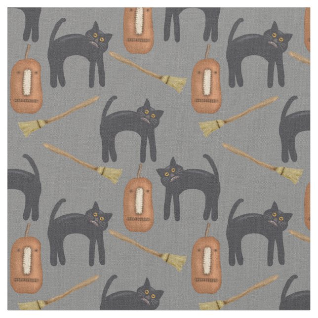 Halloween Cats, Gray Background, 56" Cotton Fabric (Close Up)