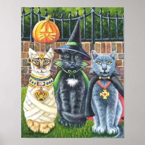 Halloween Cats in Costume Watercolor Art 11x14 Poster