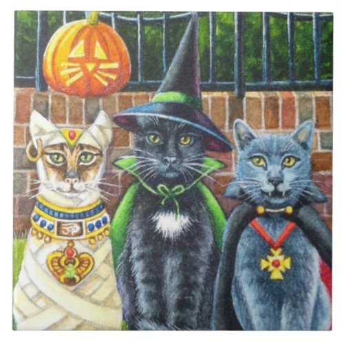 Halloween Cats in Costume Watercolor Art  Ceramic Tile