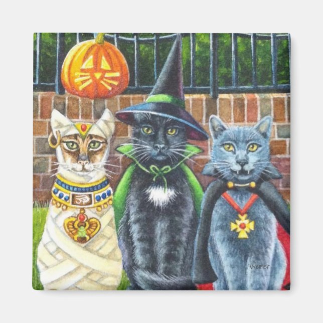 Halloween Cats in Costume Watercolor Art Magnet (Front)