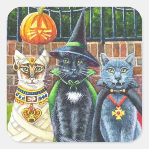 Halloween Cats in Costume Watercolor Art Square Sticker