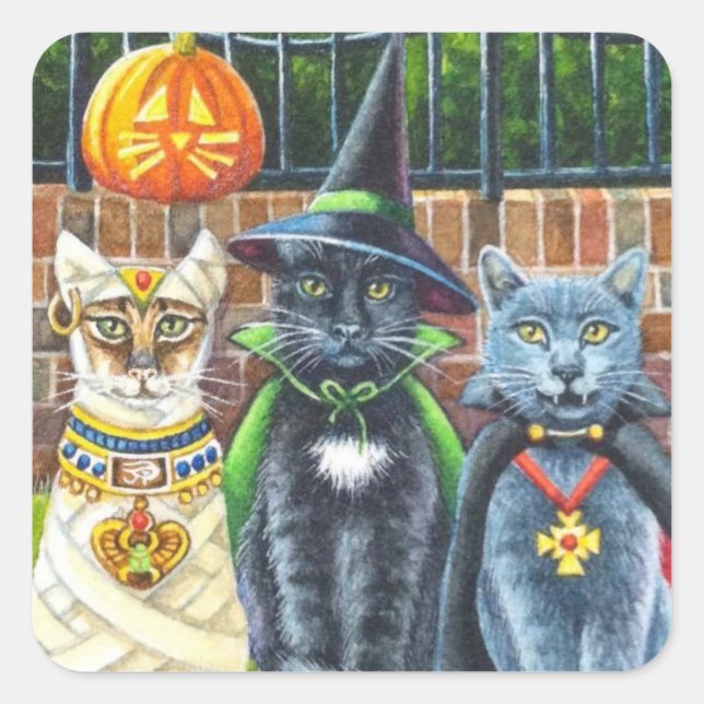 Halloween Cats in Costume Watercolor Art Square Sticker (Front)