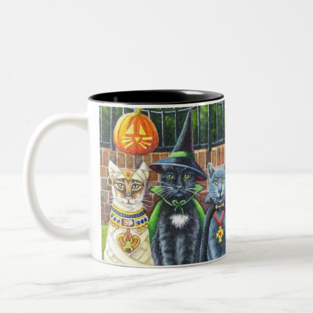 Halloween Cats in Costume Watercolor Art Two-Tone Coffee Mug (Left)