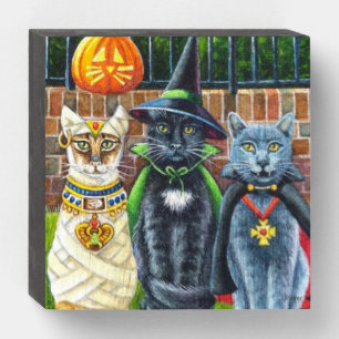 Halloween Cats in Costume Watercolor Art Wooden Box Sign
