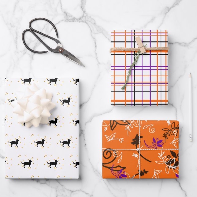 Halloween Cats, Plaids and Flowers  Wrapping Paper Sheets (Front)