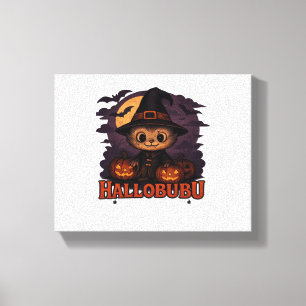 Halloween Cats Pumpkins Black Background Illus Canvas Print