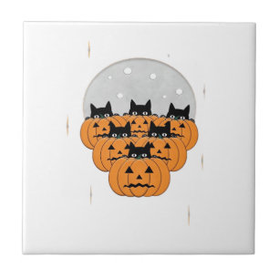 Halloween  Cats  Pumpkins  Black Background  Illus Ceramic Tile