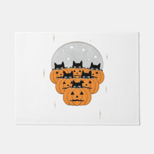 Halloween Cats Pumpkins Black Background Illus Doormat