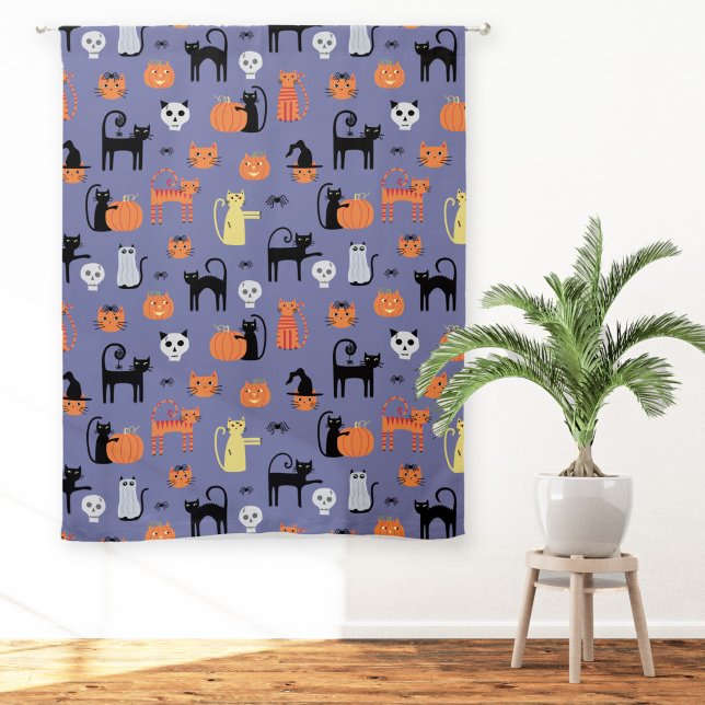Halloween Cats Purple Sheer Curtains (Fun Halloween cats, pumpkins, skulls, witches and zombies pattern for spooky room decor)