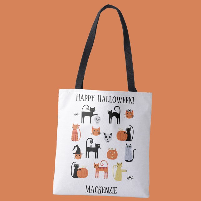 Halloween Cats Spooky Personalized Tote Bag (Personalized Happy Halloween Cat tote bag)