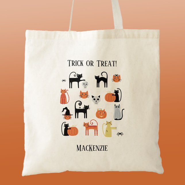Halloween Cats Spooky Personalized Trick or Treat Tote Bag (Halloween Cat Trick or Treat budget tote bag)