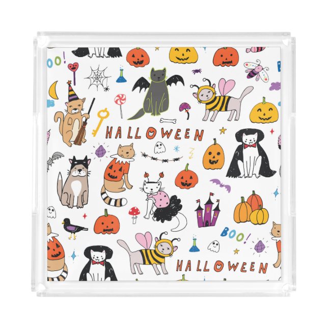 Halloween Cats Vintage Line Pattern Acrylic Tray (Front)
