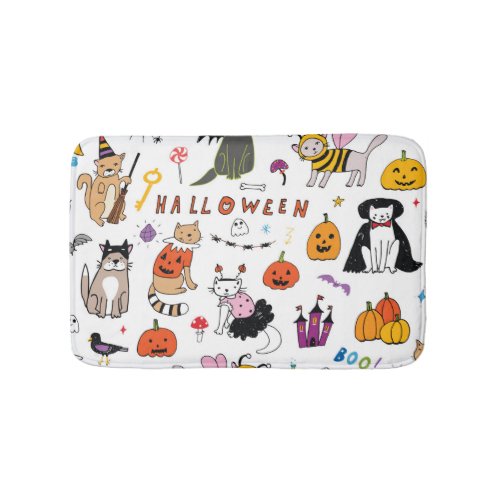 Halloween Cats Vintage Line Pattern Bath Mat