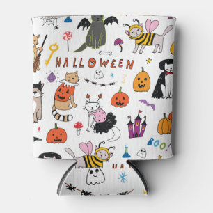 Halloween Cats Vintage Line Pattern Can Cooler