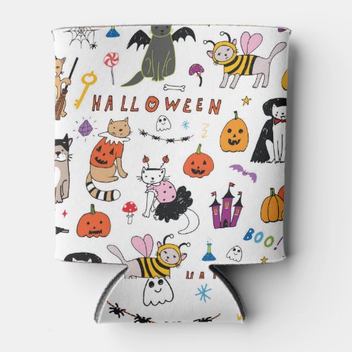 Halloween Cats Vintage Line Pattern Can Cooler