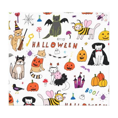 Halloween Cats Vintage Line Pattern Canvas Print
