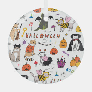 Halloween Cats Vintage Line Pattern Glass Ornament