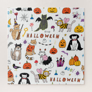 Halloween Cats Vintage Line Pattern Jigsaw Puzzle