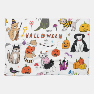 Halloween Cats Vintage Line Pattern Kitchen Towel