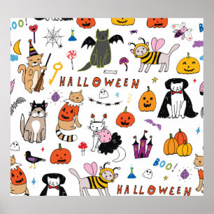 Halloween Cats Vintage Line Pattern Poster