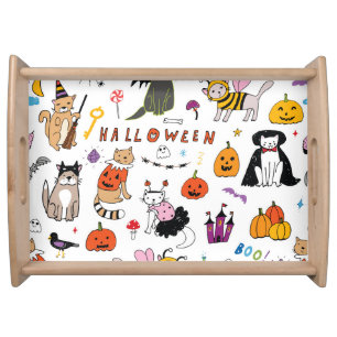Halloween Cats Vintage Line Pattern Serving Tray
