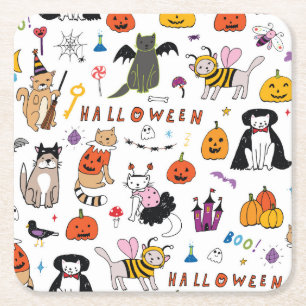 Halloween Cats Vintage Line Pattern Square Paper Coaster