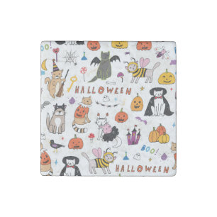 Halloween Cats Vintage Line Pattern Stone Magnet