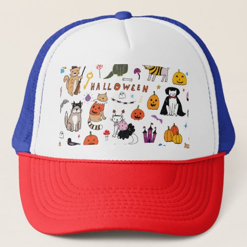 Halloween Cats Vintage Line Pattern Trucker Hat