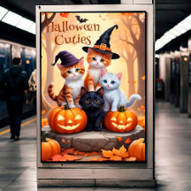 Halloween Cats with Pumpkins Wall Poster