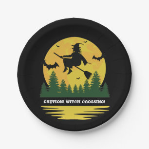 Halloween Caution Witch Crossing Flying Broomstick Paper Plates