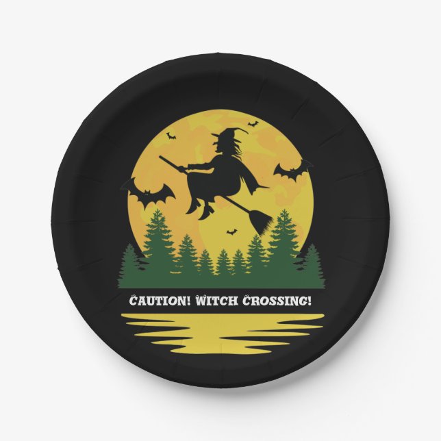 Halloween Caution Witch Crossing Flying Broomstick Paper Plates (Front)