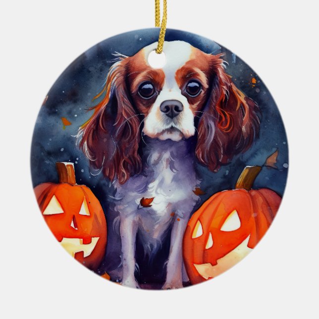 Halloween Cavalier King Charles Spaniel Pumpkins Ceramic Ornament (Front)
