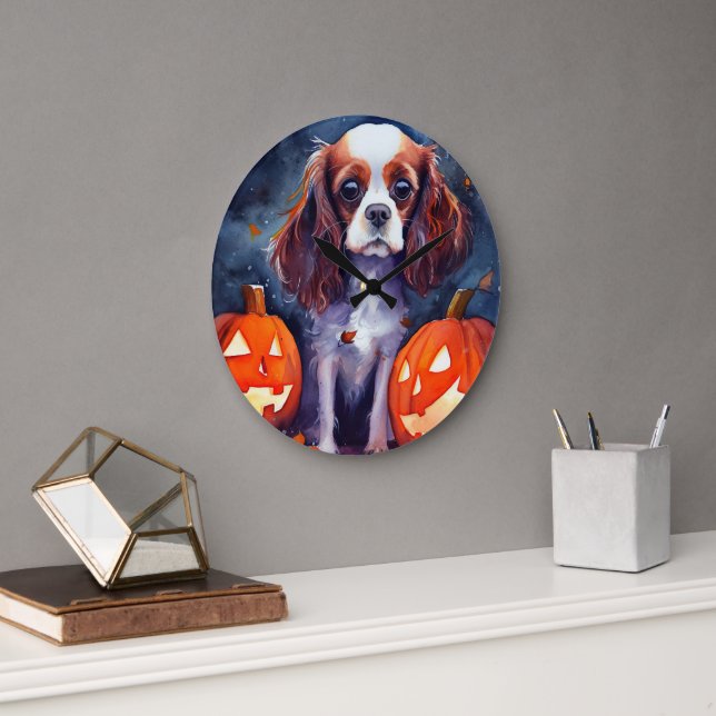 Halloween Cavalier King Charles Spaniel Pumpkins Large Clock (Office)