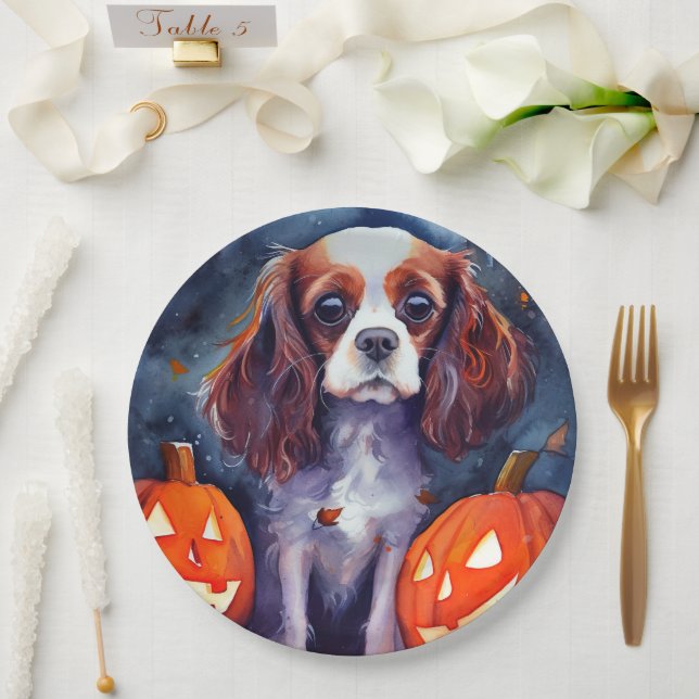 Halloween Cavalier King Charles Spaniel Pumpkins Paper Plates (Wedding)