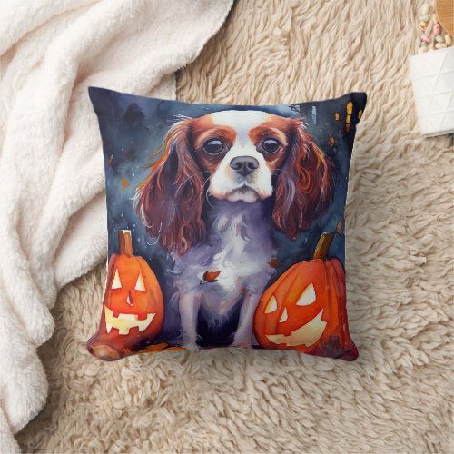 Halloween Cavalier King Charles Spaniel Pumpkins Throw Pillow