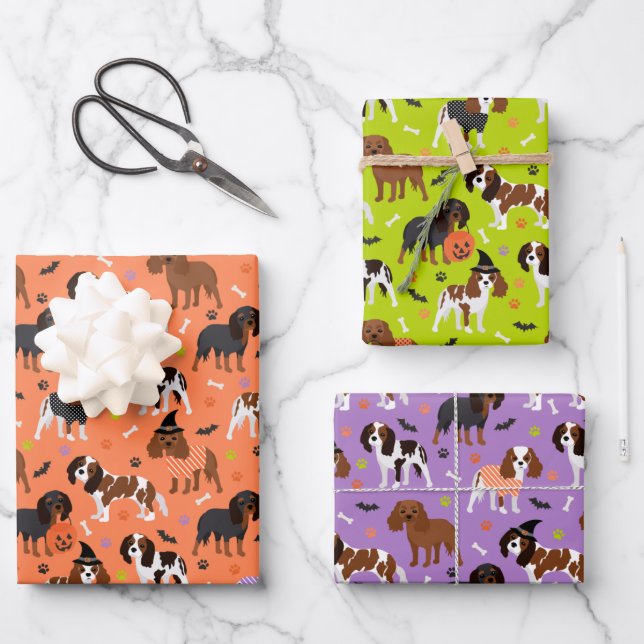 Halloween Cavalier King Charles Spaniel Wrapping Paper Sheets (Front)