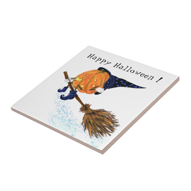 Halloween Ceramic Tile Witch Pumpkin Flying Broom (Side)