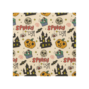 Halloween Characters: Whimsical Seamless Pattern Wood Wall Art