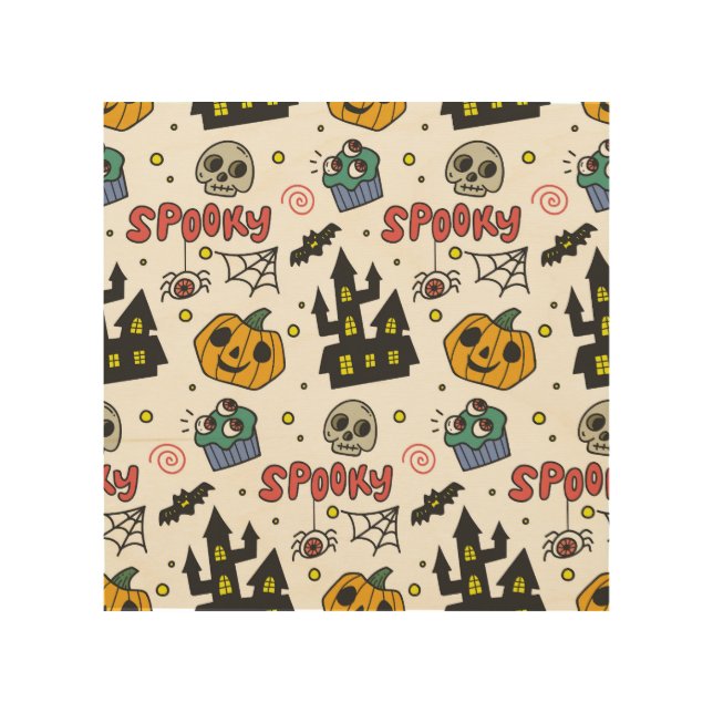 Halloween Characters: Whimsical Seamless Pattern Wood Wall Art (Front)