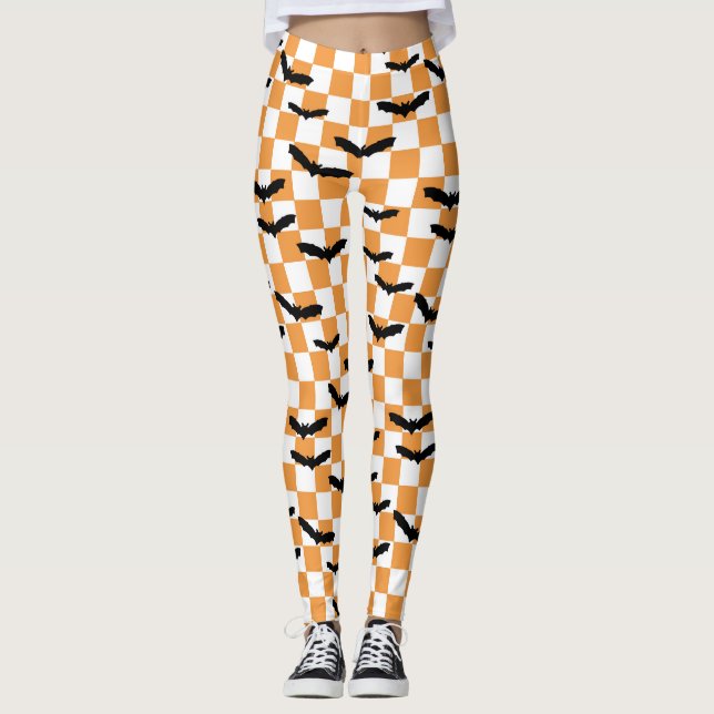 Halloween Checkerboard Spooky bats Modern Teen Leggings (Front)