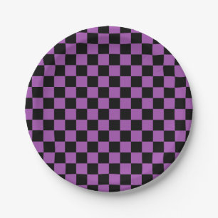Halloween Checkered Purple and Black Check Pattern Paper Plates