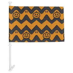 Halloween Chevron Pattern with Ghosts and Pumpkins Car Flag