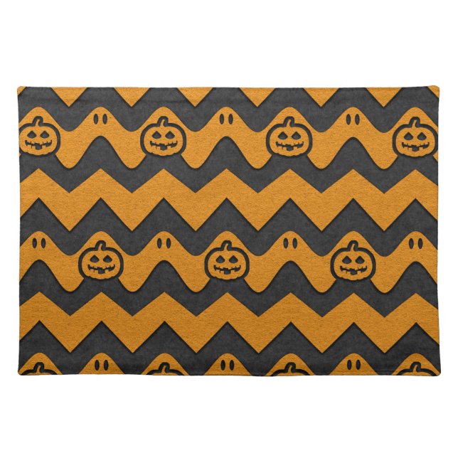Halloween Chevron Pattern with Ghosts and Pumpkins Cloth Placemat (Front)