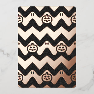 Halloween Chevron Pattern with Ghosts and Pumpkins Foil Invitation