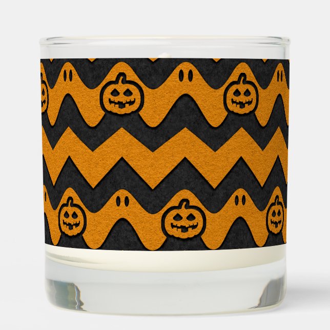 Halloween Chevron Pattern with Ghosts and Pumpkins Scented Candle (Front)