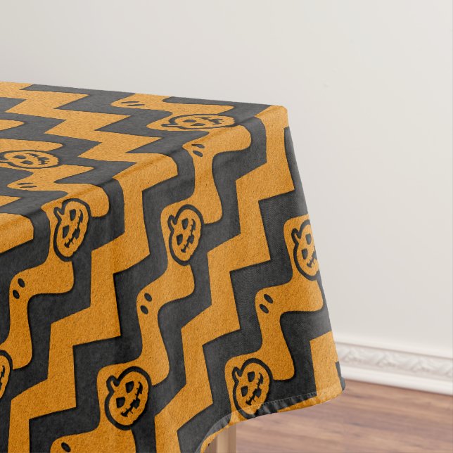 Halloween Chevron Pattern with Ghosts and Pumpkins Tablecloth (In Situ)