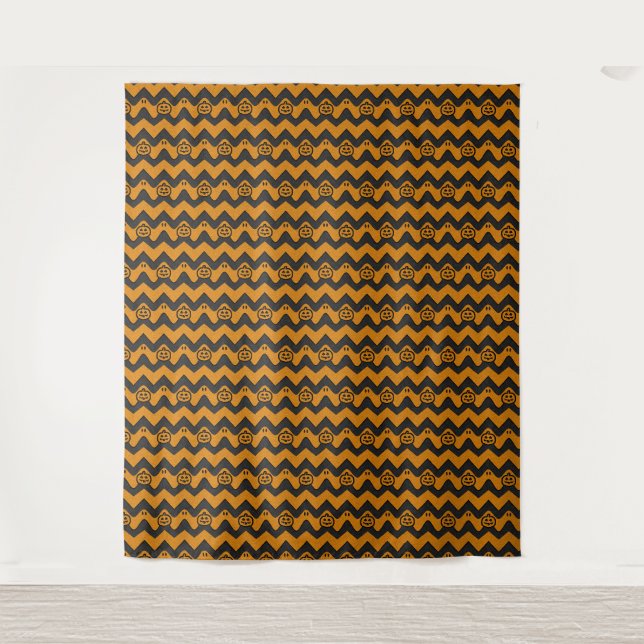Halloween Chevron Pattern with Ghosts and Pumpkins Tapestry (Front)