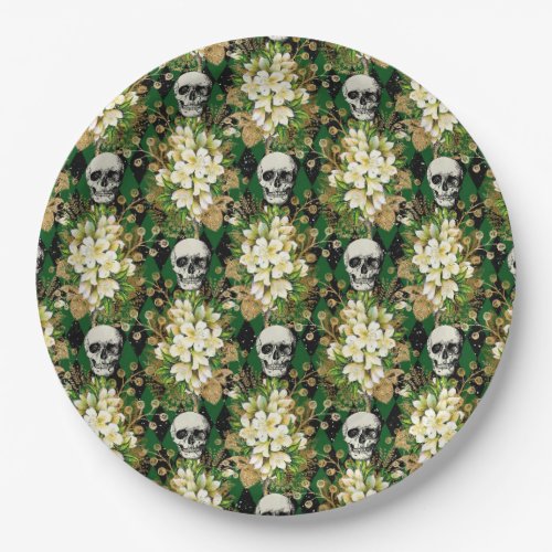 Halloween Chic Floral Skull Argyle Pattern Paper Plates